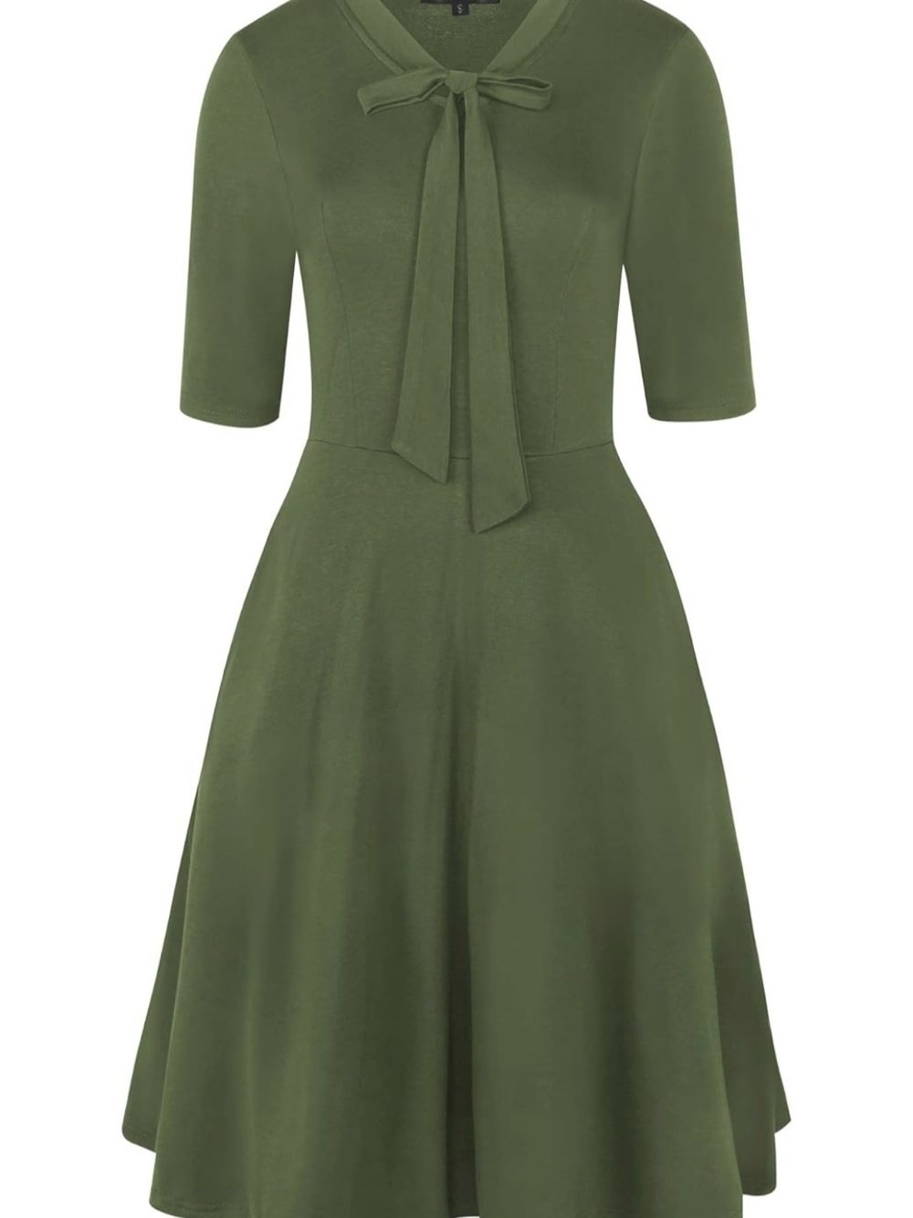 Tie-Neck Olive Midi Dress with Flared Skirt